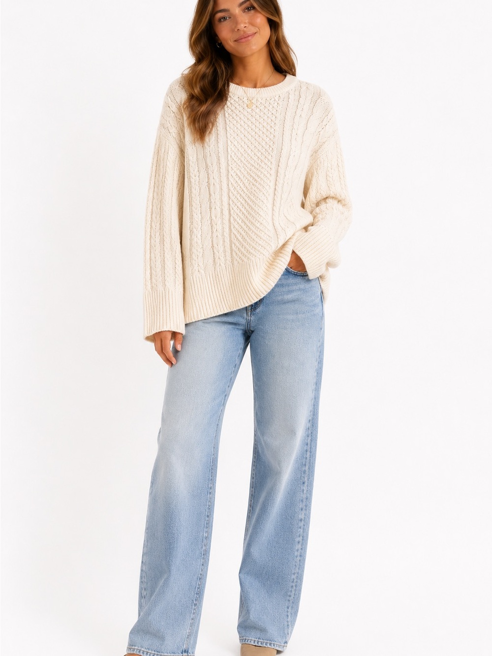A New Day Cream Cable Knit Sweater Small Fisherman Crewneck